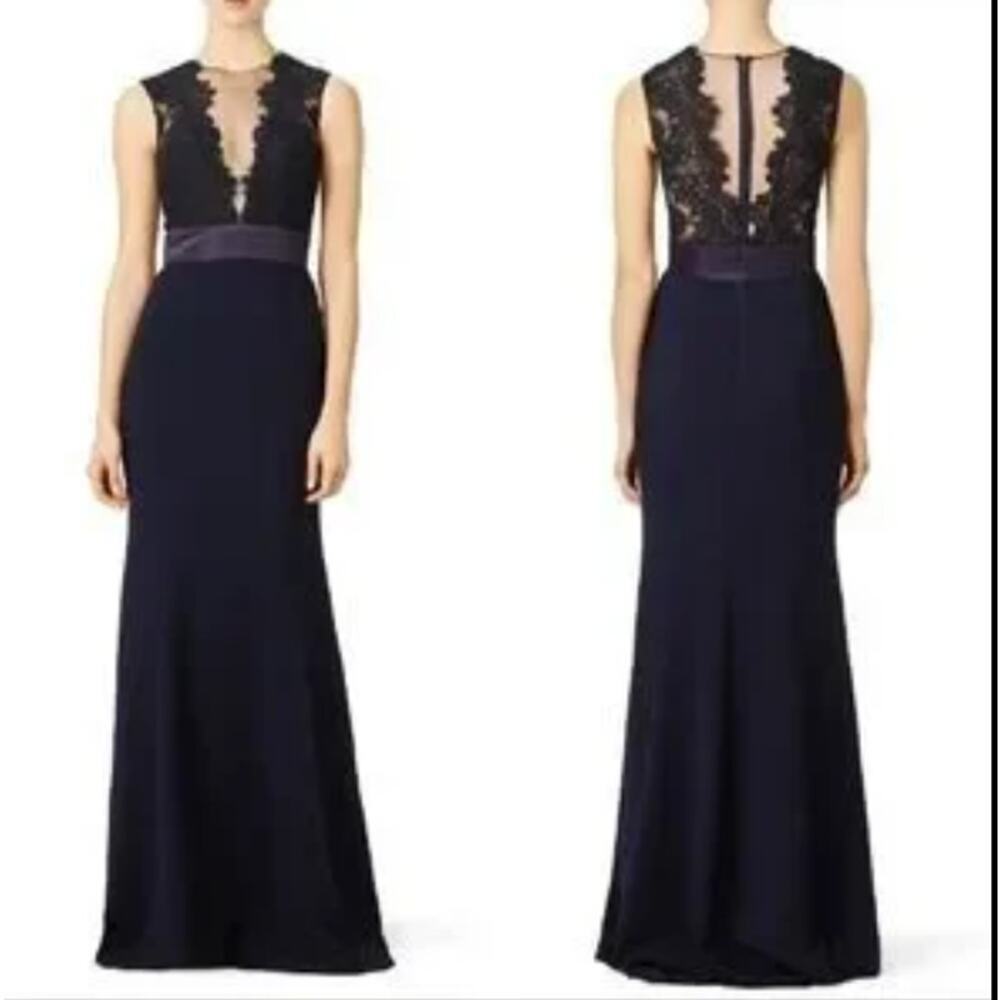 🔴THEIA Blue Deep Midnight Sheath Sleeveless Gown Plunge Lace Embroidered Size 4